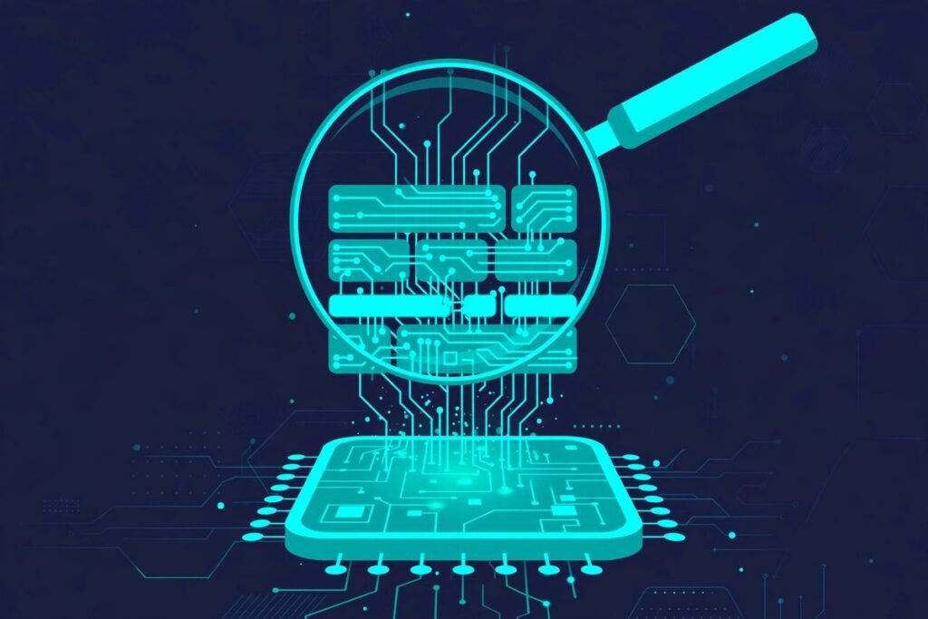Ghidra open source reverse engineering tool analysing a microchip under a magnifying glass