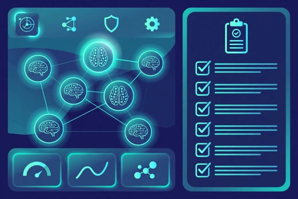 Mission-control dashboard auditing a team of AI agents with a checklist — multi-agent workflow audit tool