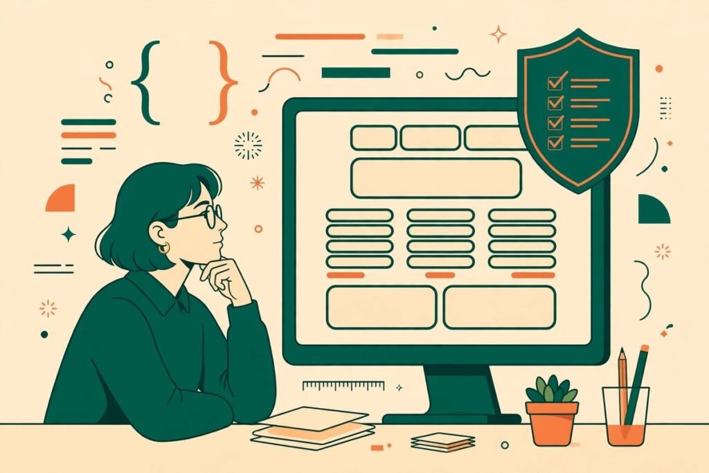 Anti-AI-slop design skill Claude Code illustration of a designer reviewing a website layout