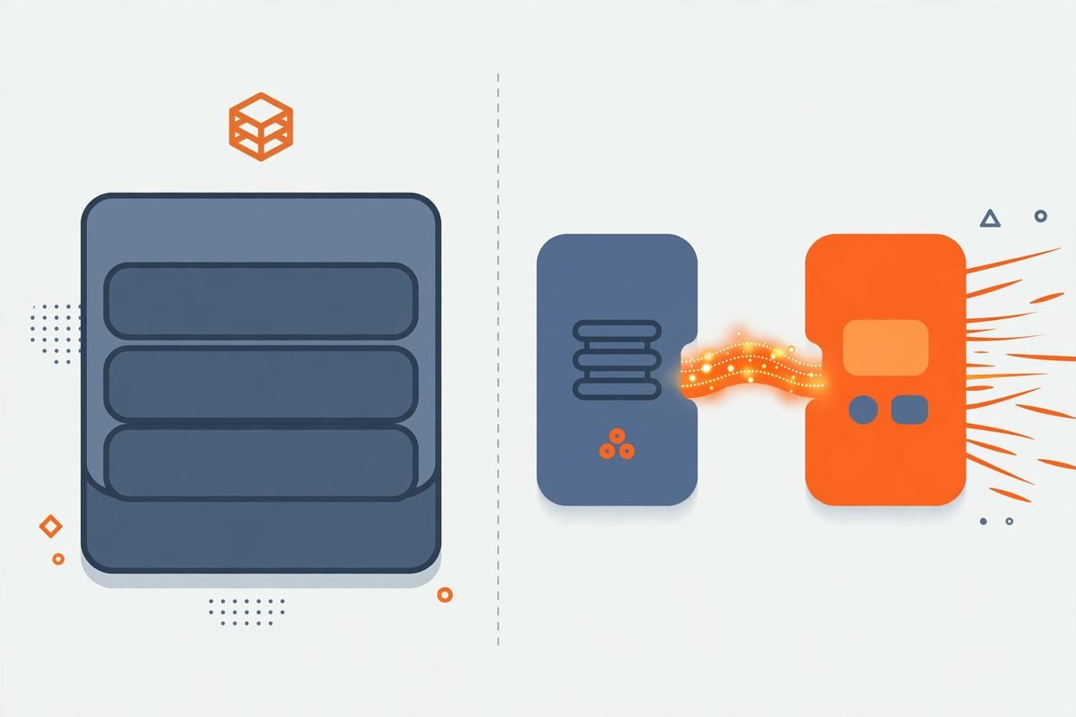 Side-by-side illustration comparing a monolithic traditional WordPress stack with a decoupled headless architecture