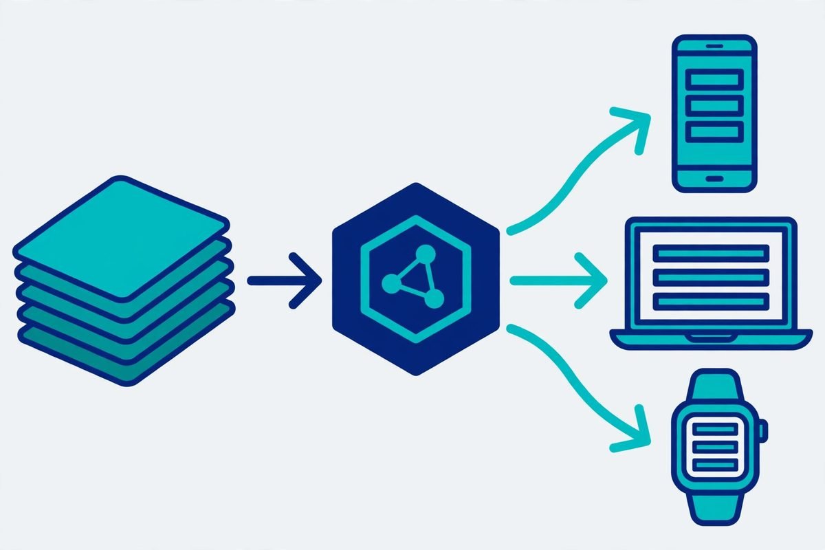 Illustration of the headless WordPress data pipeline: CMS content flowing through an API gateway to mobile, desktop and wearable frontends