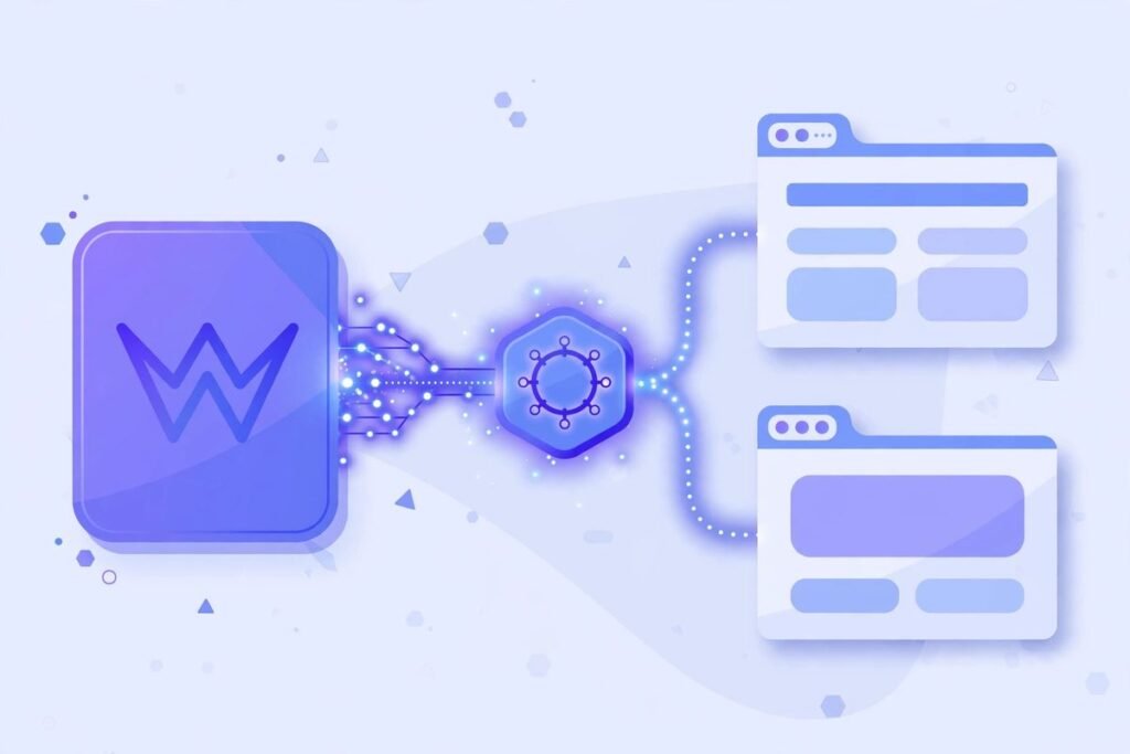 Illustration of headless WordPress architecture: content hub feeding data through an API...