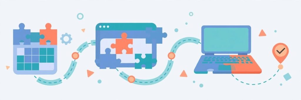 How long does it take to build a website: flat vector illustration of a website project timeline from planning to launch