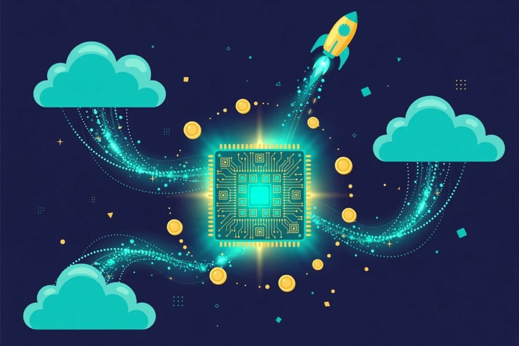 Flat vector illustration of a serverless AI inference platform with cloud streams, GPU chip and credit coins