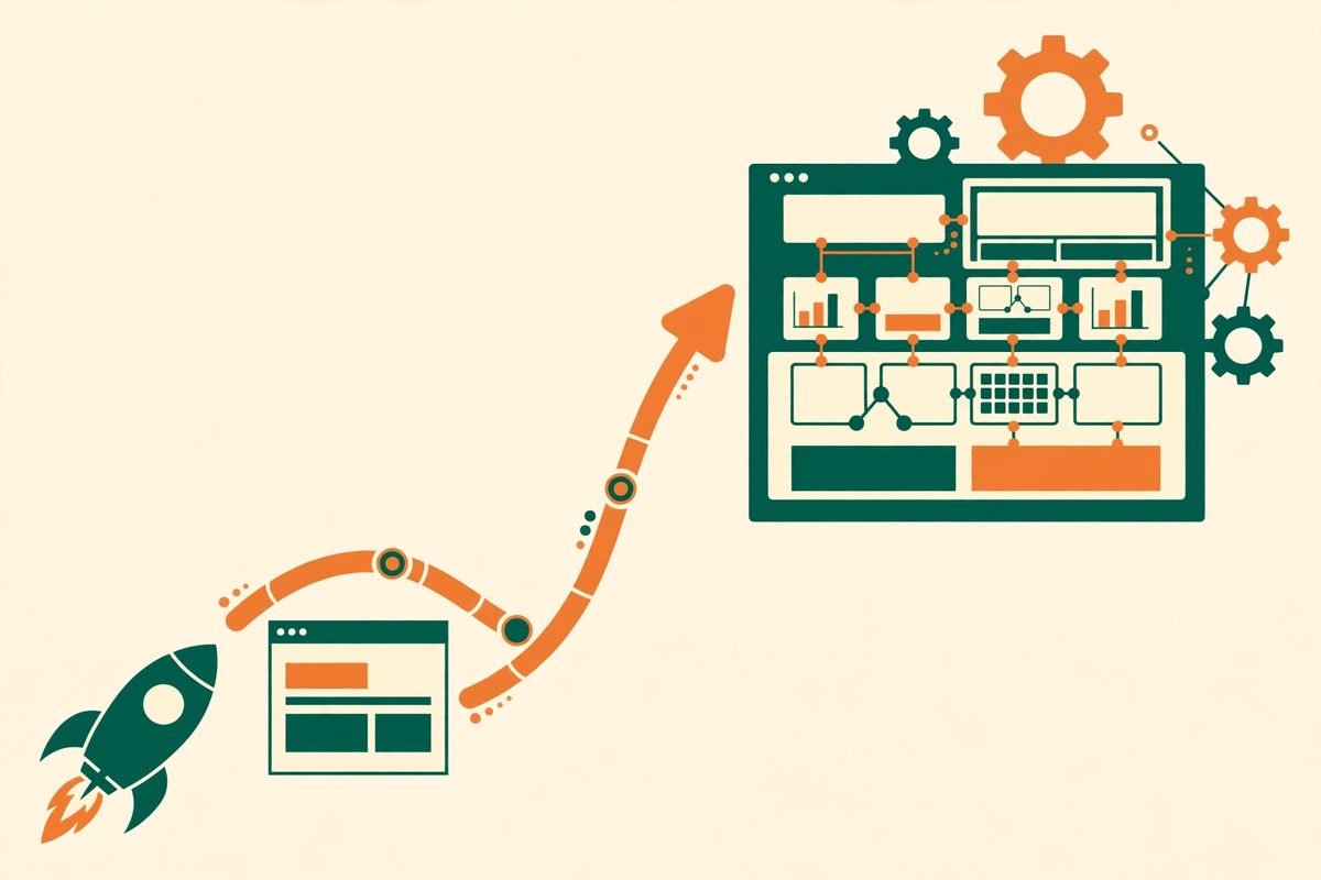 Flat vector illustration of a startup website growing from a simple one-pager into a full multi-page site