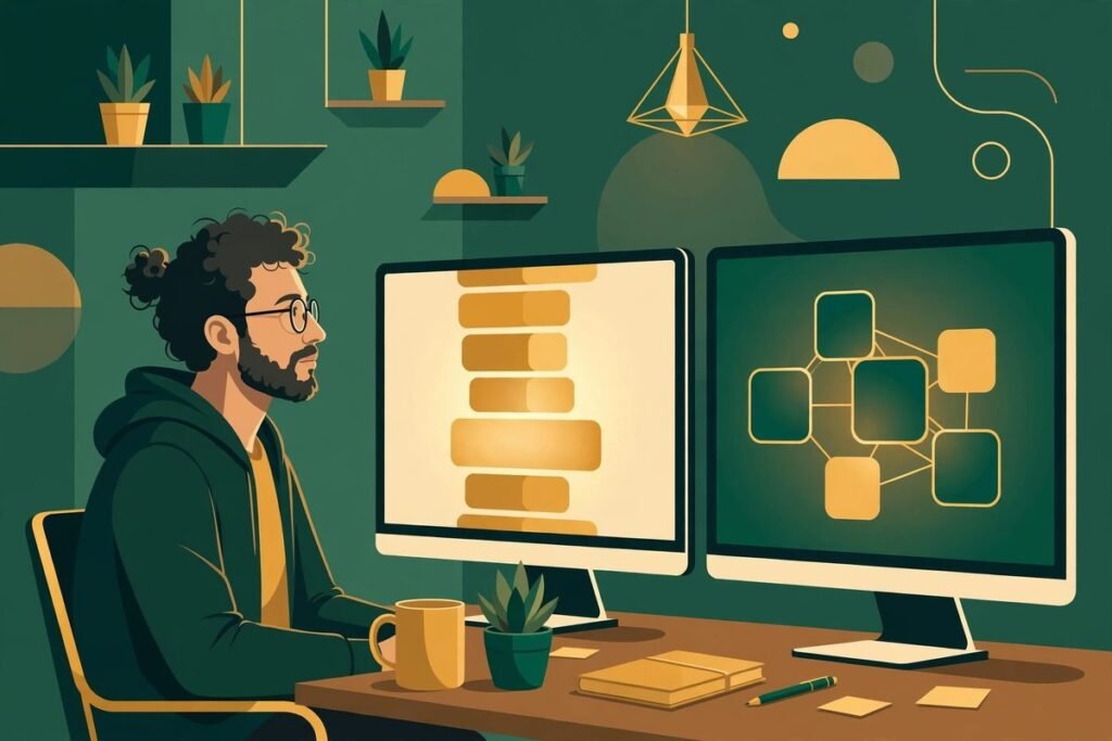 Flat vector illustration of a startup founder comparing a single landing page and a full...