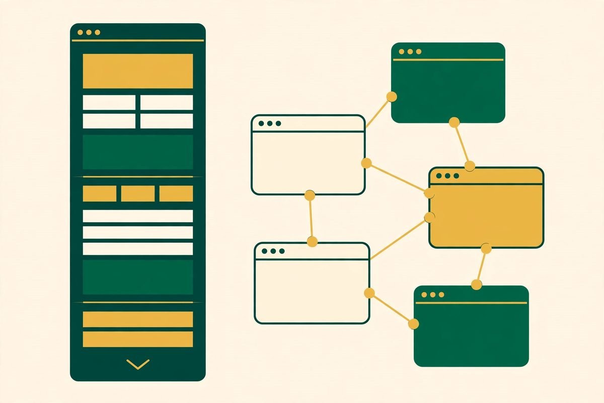 Flat vector illustration comparing a single long scrolling landing page to a network of connected website pages