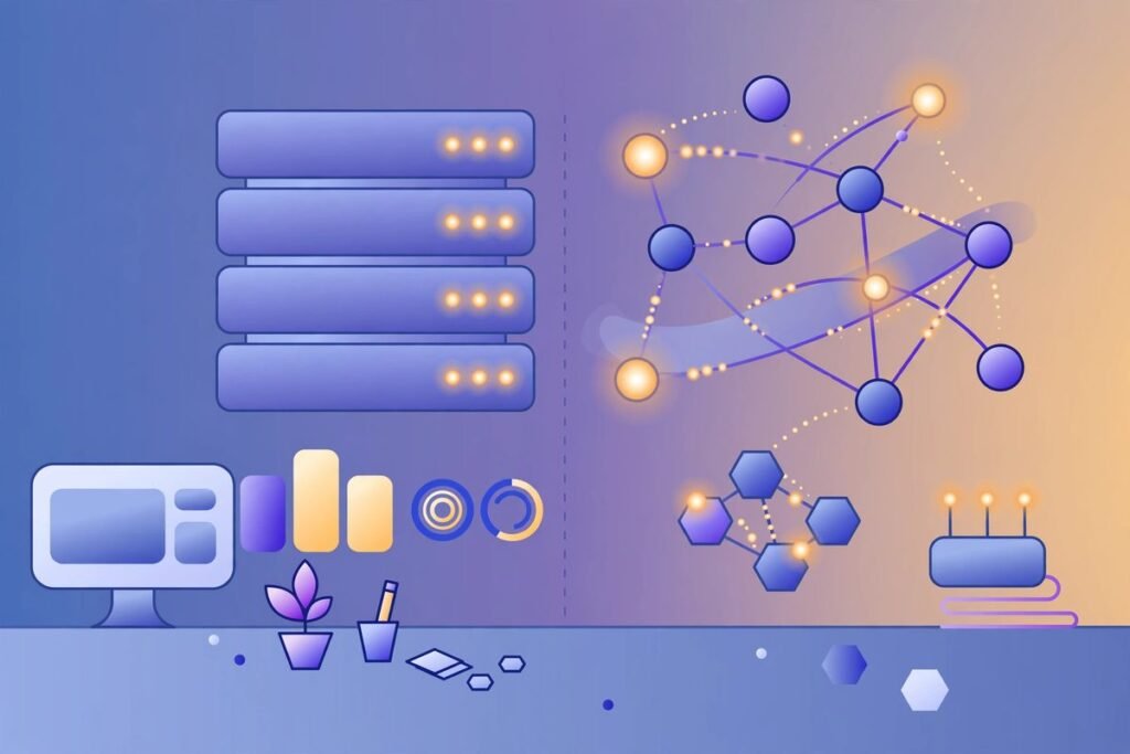 Flat vector illustration comparing a structured PHP framework stack with an event-driven...