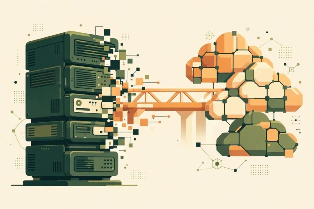Legacy system migration plan steps illustrated as an old system transforming into modern cloud modules