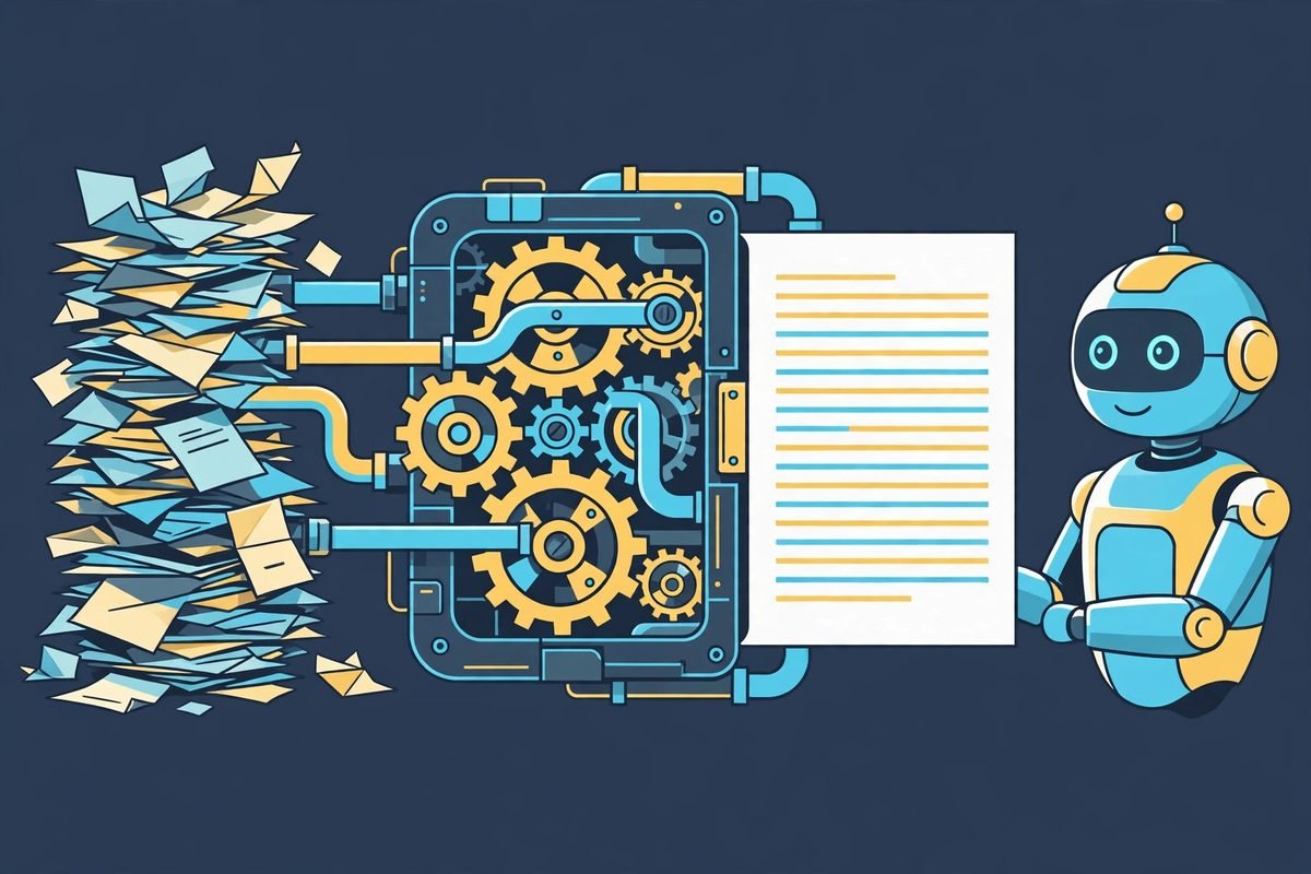MarkItDown conversion engine turning messy documents into clean Markdown for an AI assistant