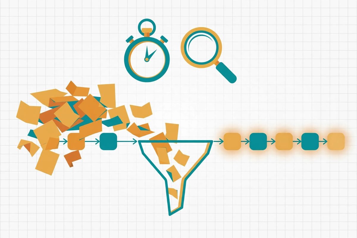 Illustration of a stopwatch and magnifying glass over a messy paper workflow being streamlined into a tidy process flow