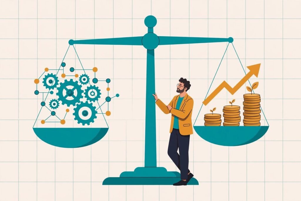 Flat illustration of a business owner weighing automation workflows against growing revenue on a balance scale