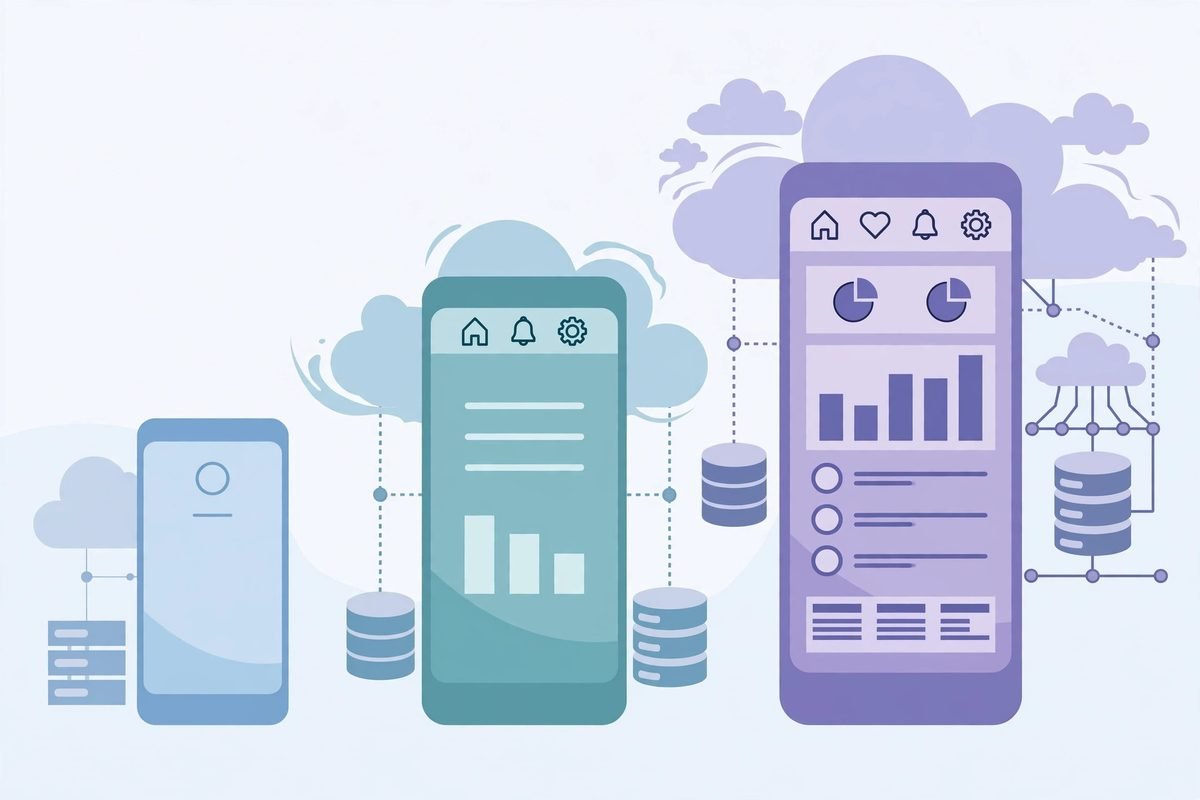 Three smartphone mockups showing simple, medium and complex app tiers