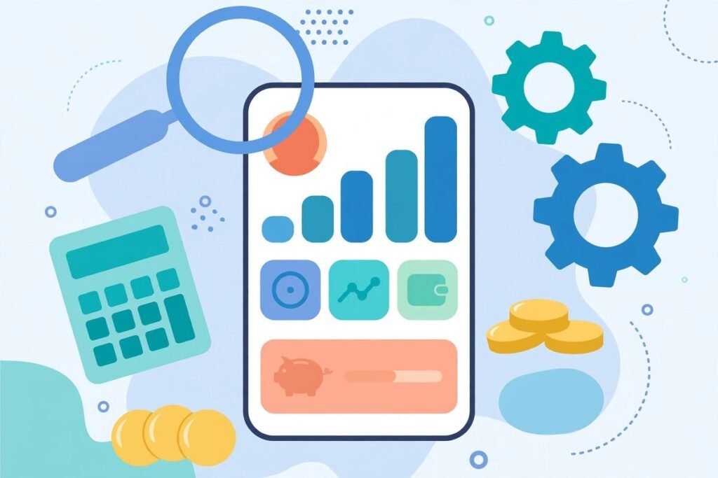 Illustration of a smartphone with budgeting and pricing symbols showing mobile app...
