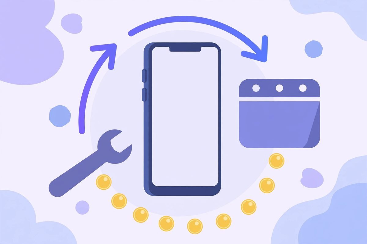 Illustration of smartphone with update cycle and ongoing maintenance cost symbols
