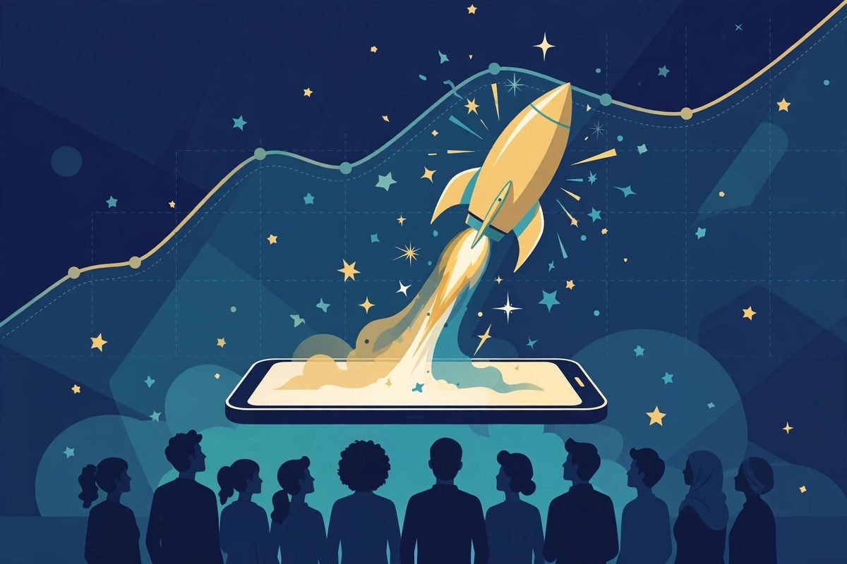 Mobile app testing checklist beta testing illustration with a rocket launching from a smartphone