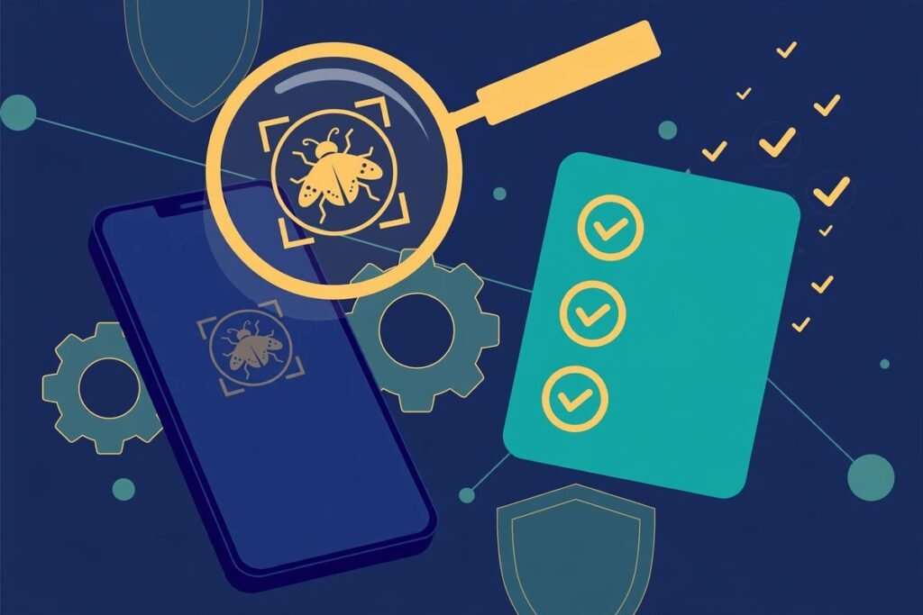 Flat vector illustration of mobile app testing checklist with a smartphone, magnifying glass and checklist board