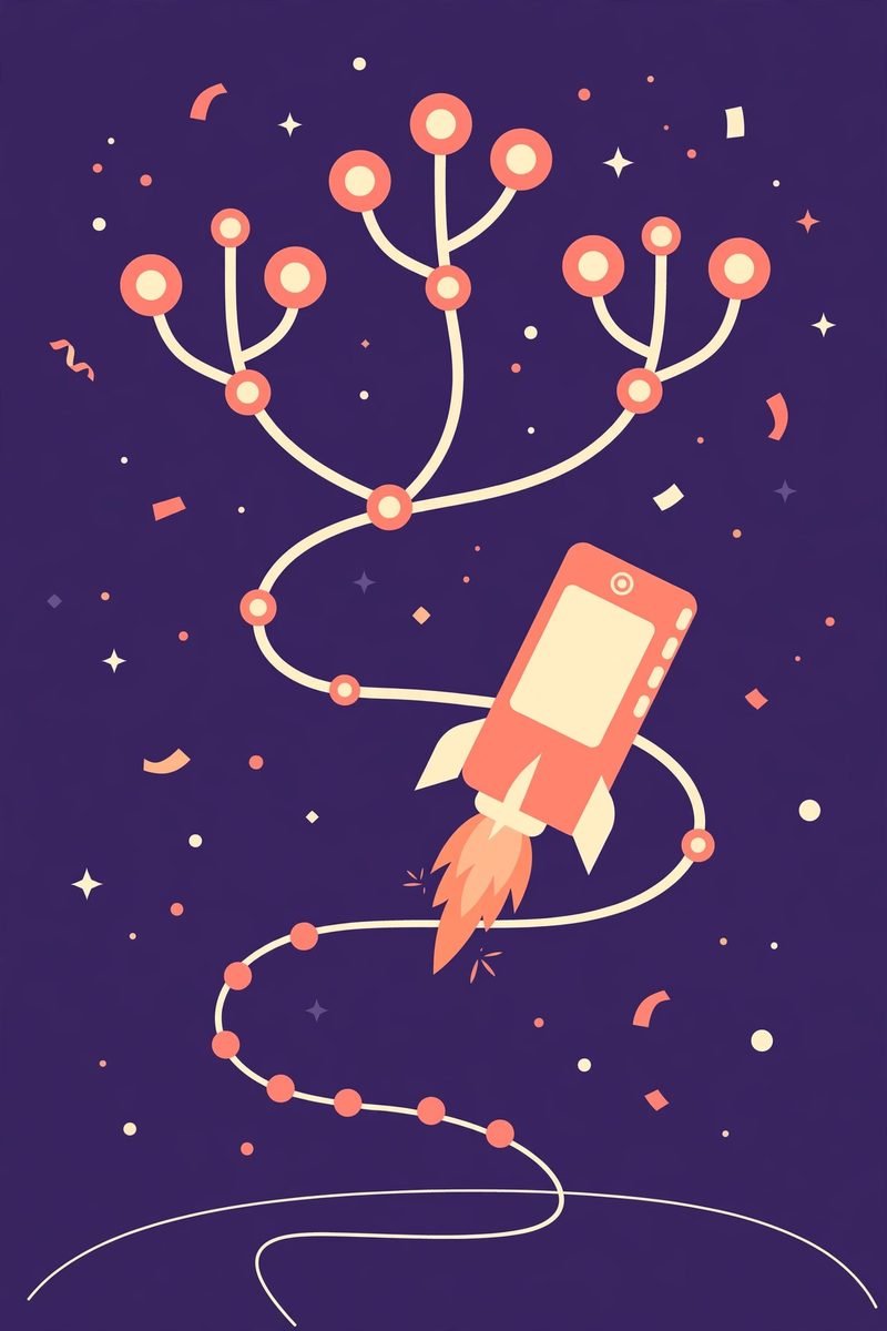 Illustration of a smartphone rocket launching along a winding product roadmap from lean MVP to full features
