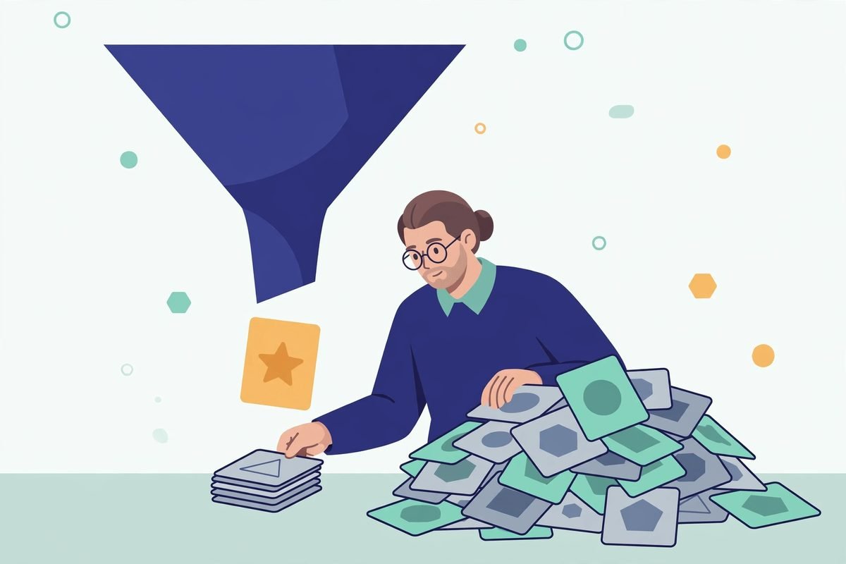 Illustration of a developer sorting mobile app feature cards into must-have and deferred piles