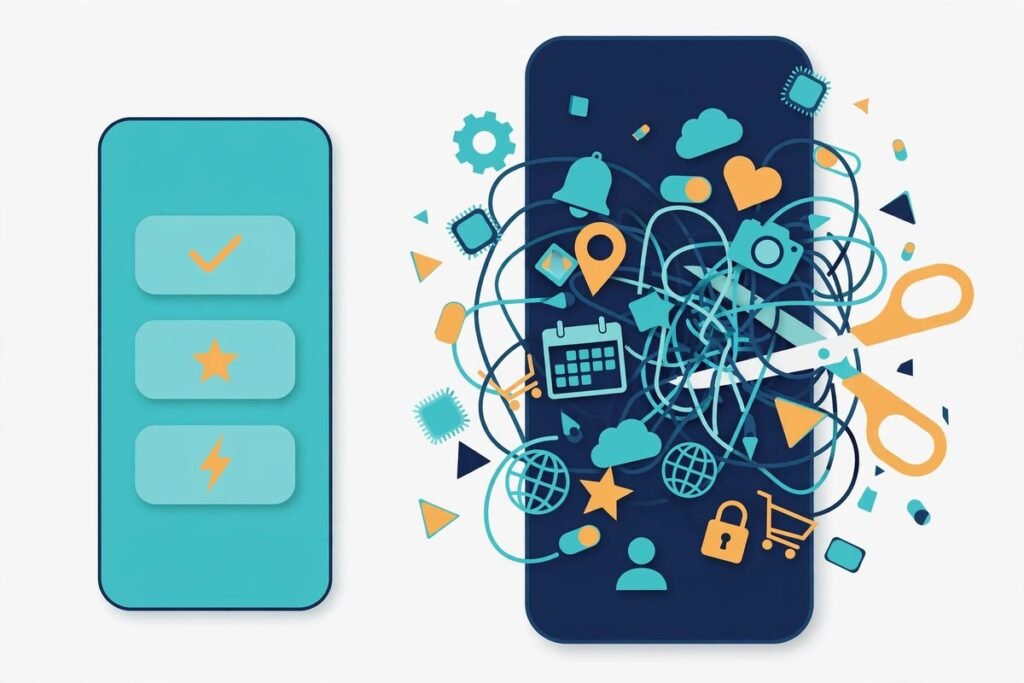 Illustration comparing a minimal MVP mobile app with three core features against an overbuilt...