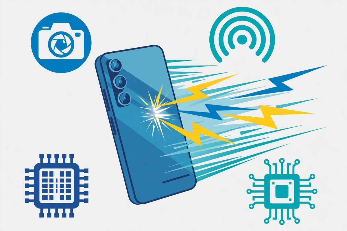 Flat vector illustration of a smartphone with speed effects and hardware icons representing native mobile app performance