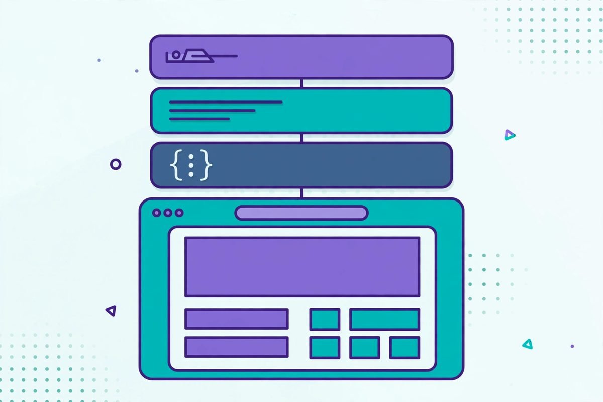 Stacked metadata layers — title, meta description, and structured data — above a webpage preview