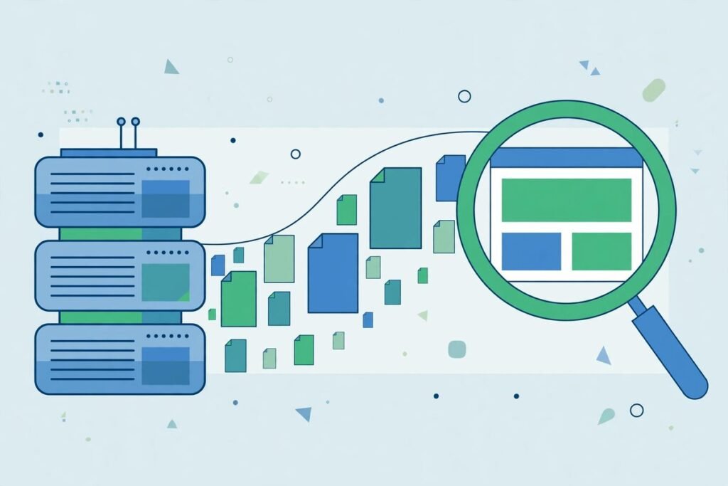 Flat vector illustration of a web server delivering a fully rendered page to a search engine...