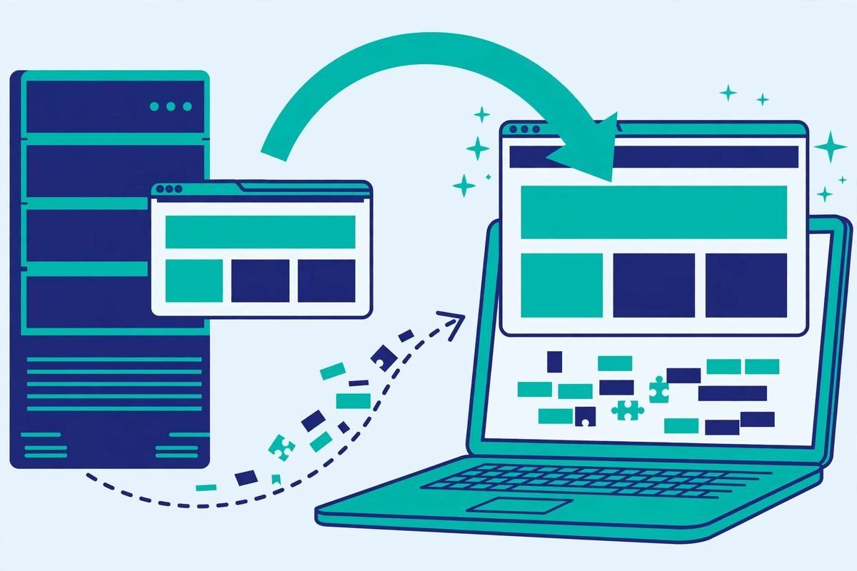 Illustration of a server delivering a fully rendered page to a browser, showing server-side rendering