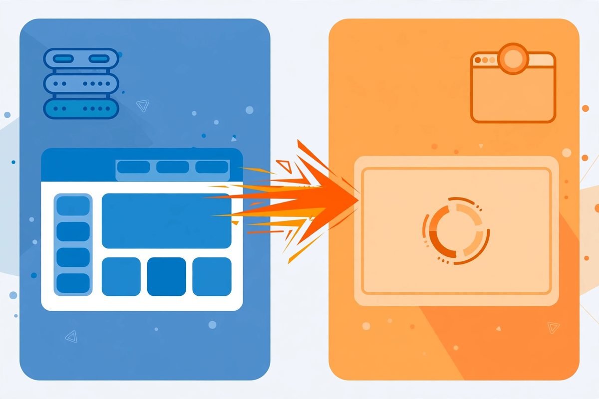 Comparison of a fully formed server-rendered page against a blank client-rendered page still loading