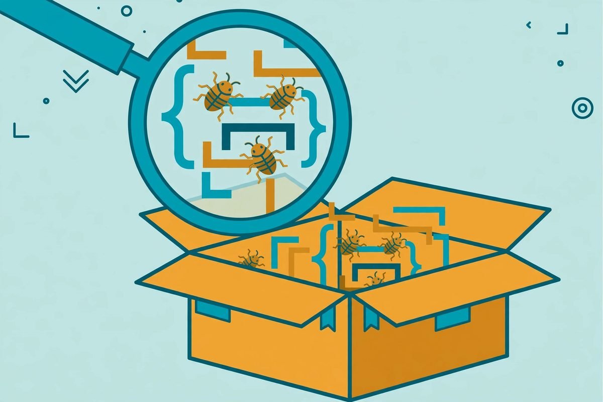 Magnifying glass revealing hidden malicious code inside a nulled WordPress plugin package