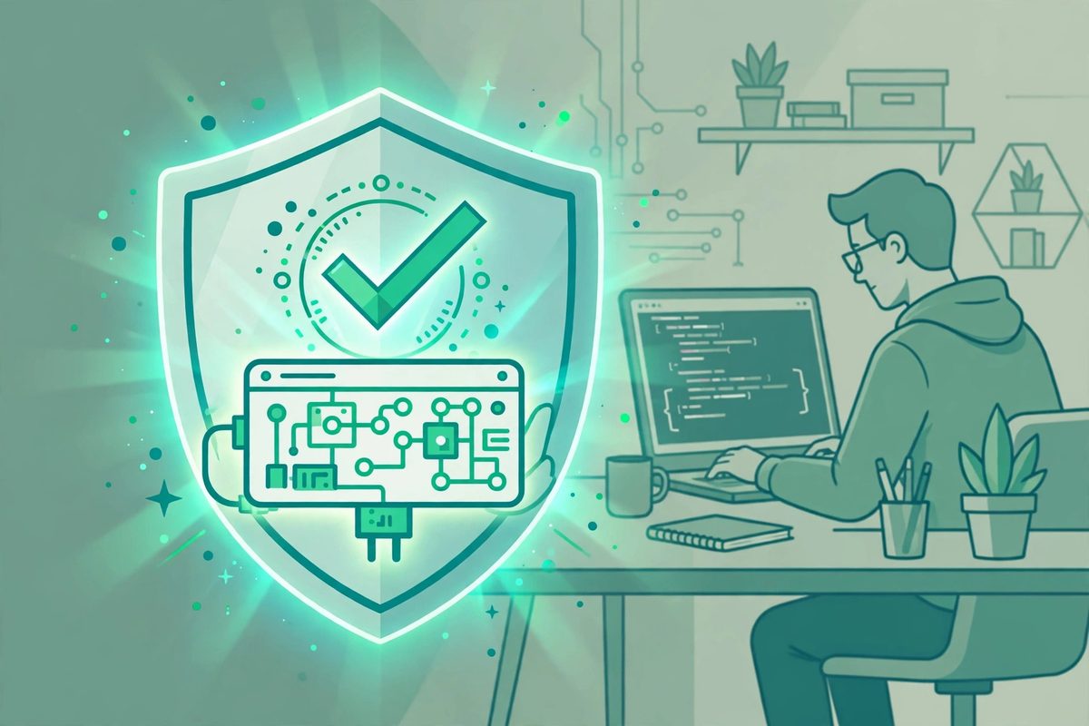 Glowing security shield protecting a licensed WordPress plugin while a developer reviews code