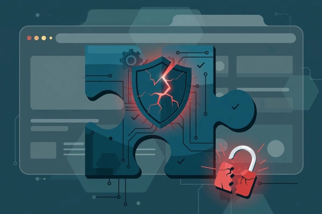 Flat vector illustration of a cracked shield and broken padlock on a WordPress plugin module,...