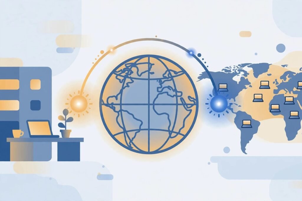 Offshore software development vs in-house teams: globe connecting a local office with remote developers worldwide