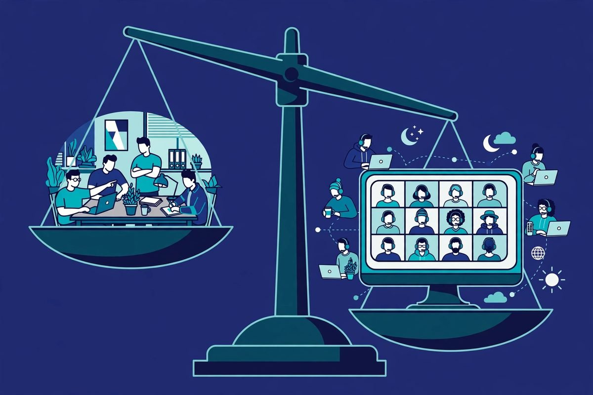 Balance scale weighing offshore software development vs in-house development teams
