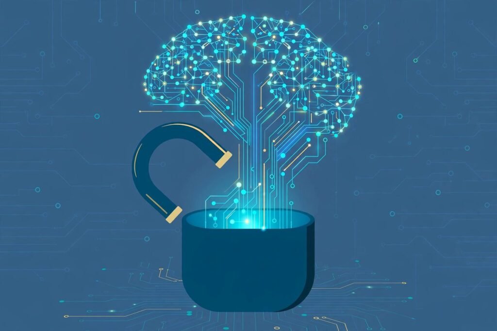 Open padlock releasing a neural network, representing open-source LLMs for business