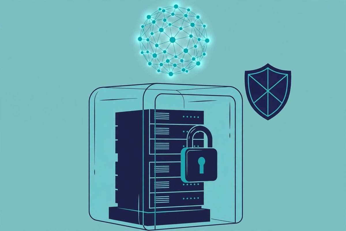 Flat vector illustration of a secure self-hosted server vault with a padlock and neural network orb
