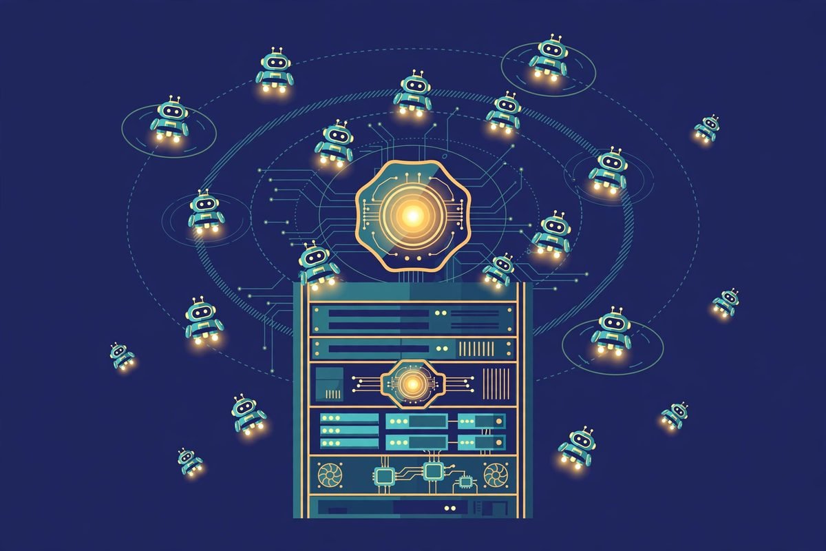 Illustration of many lightweight AI agents running on modest hardware