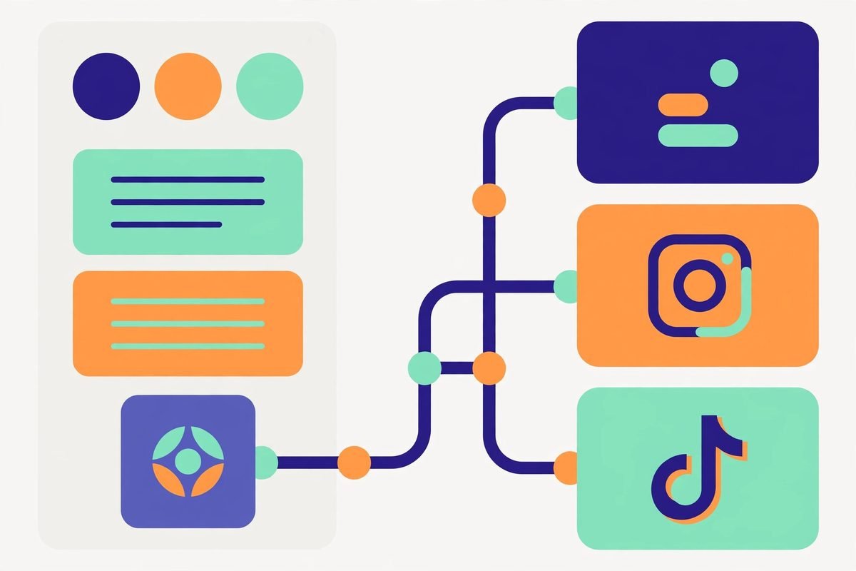 Brand kit templates flowing into LinkedIn, Instagram and TikTok posts