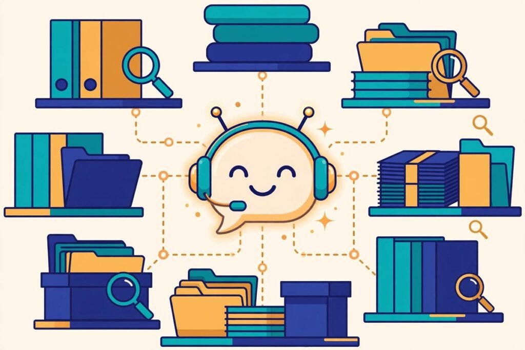 Flat vector illustration of an AI chatbot retrieving answers from a library of business documents