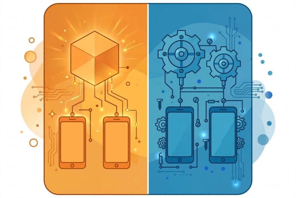 Flat vector illustration comparing React Native cross-platform development with native iOS...