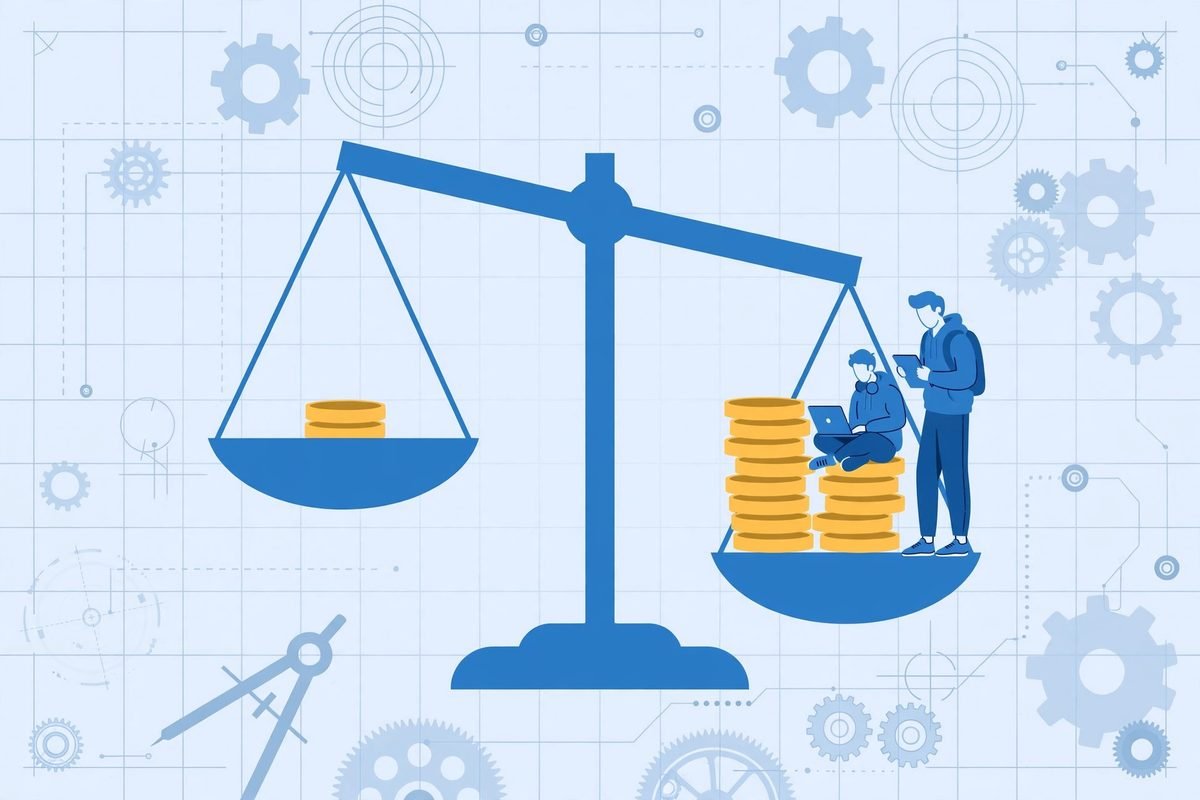 Flat vector illustration of a balance scale comparing the cost of React Native cross-platform app development against native development