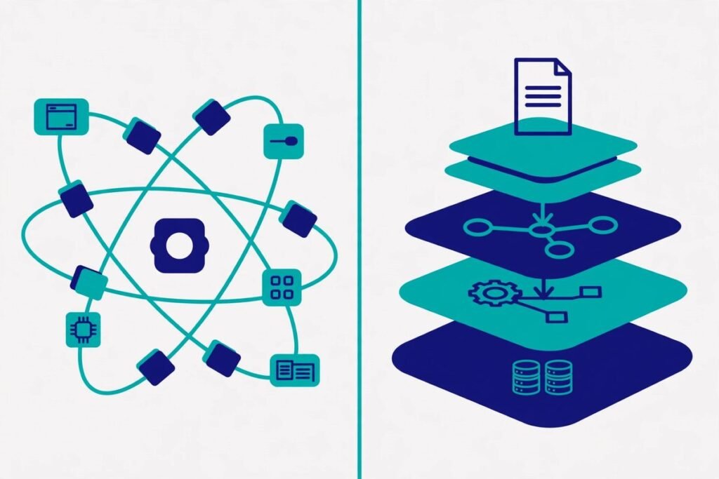 Flat vector illustration comparing React component library and Next.js full framework for a...