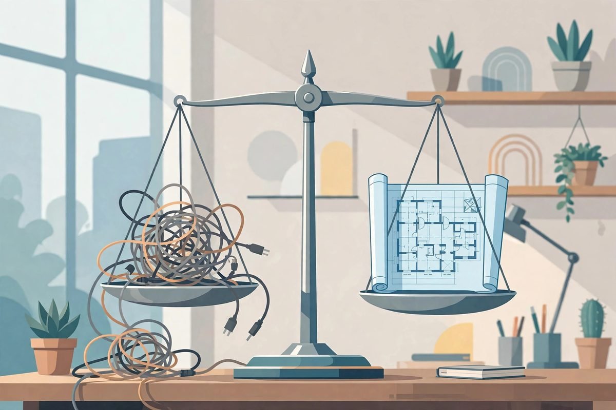 Illustration of a balance scale weighing the rebuild versus refactor decision for legacy software