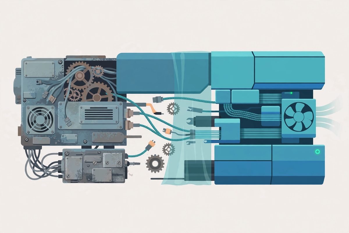 Illustration of incrementally replacing a legacy system piece by piece while it keeps running