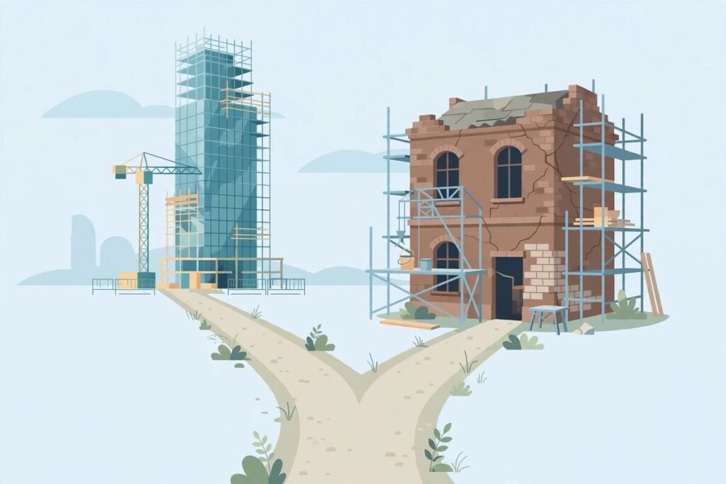 Flat vector illustration of the rebuild vs refactor decision for legacy business software