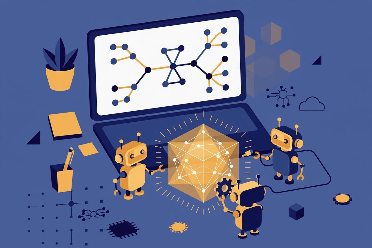AI agent swarm in Ruflo collaborating around a shared memory core on a development workflow