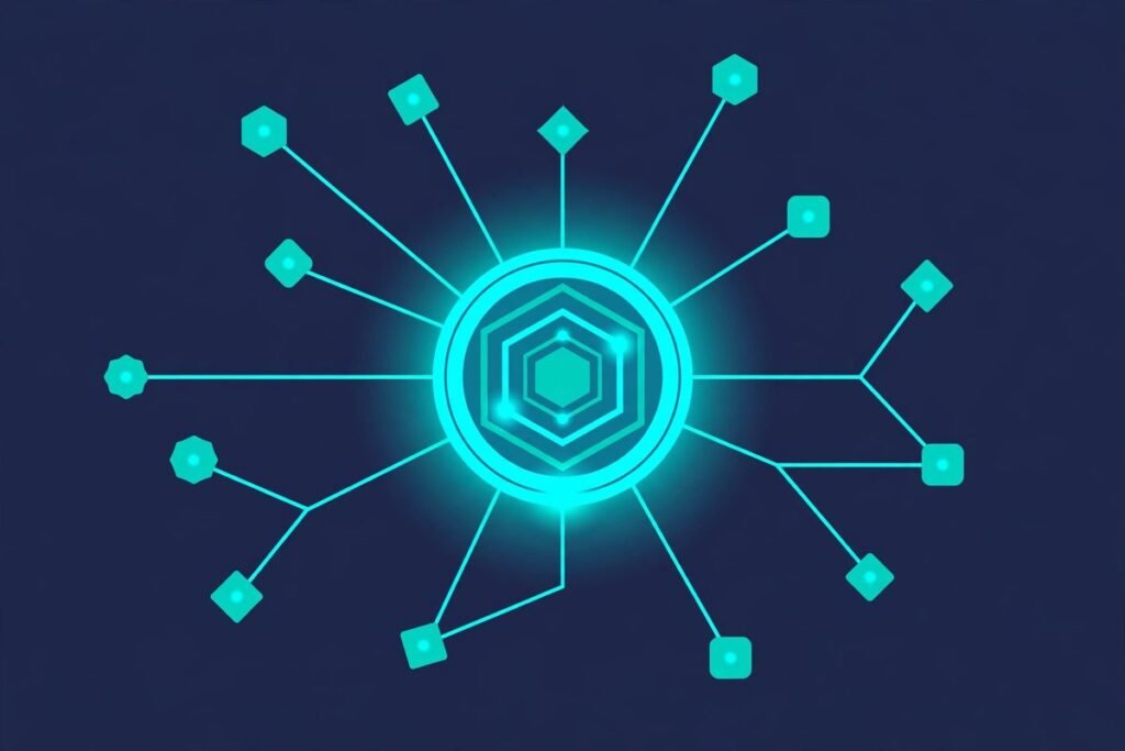 Multi-agent AI orchestration network diagram showing a central hub coordinating a swarm of AI agents