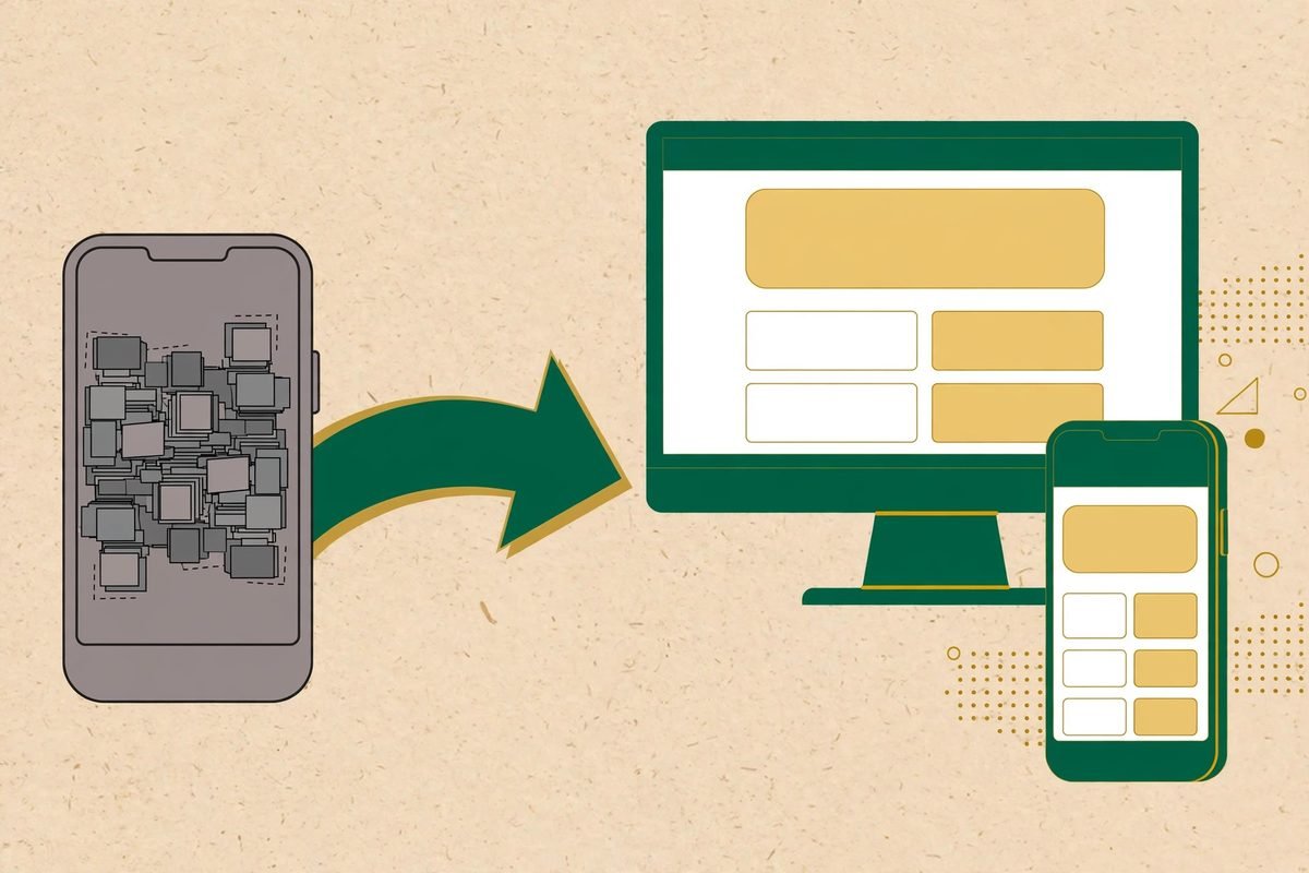 Illustration of an outdated website transforming into a modern responsive design shown on desktop and phone