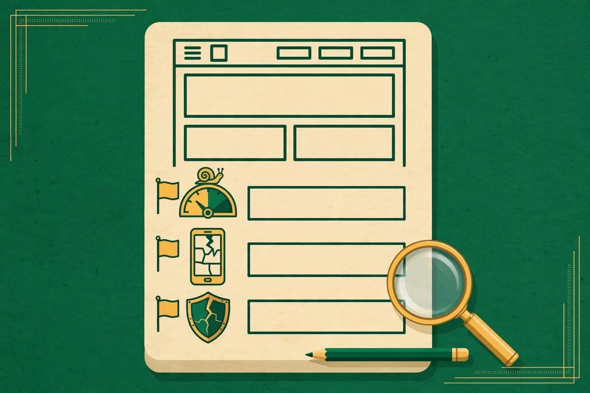 Website audit checklist showing warning signs for speed, mobile layout and security