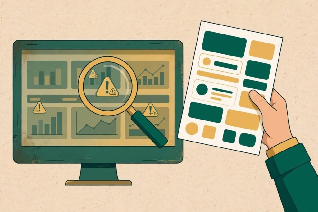 Flat vector illustration of an outdated website being inspected with a magnifying glass...